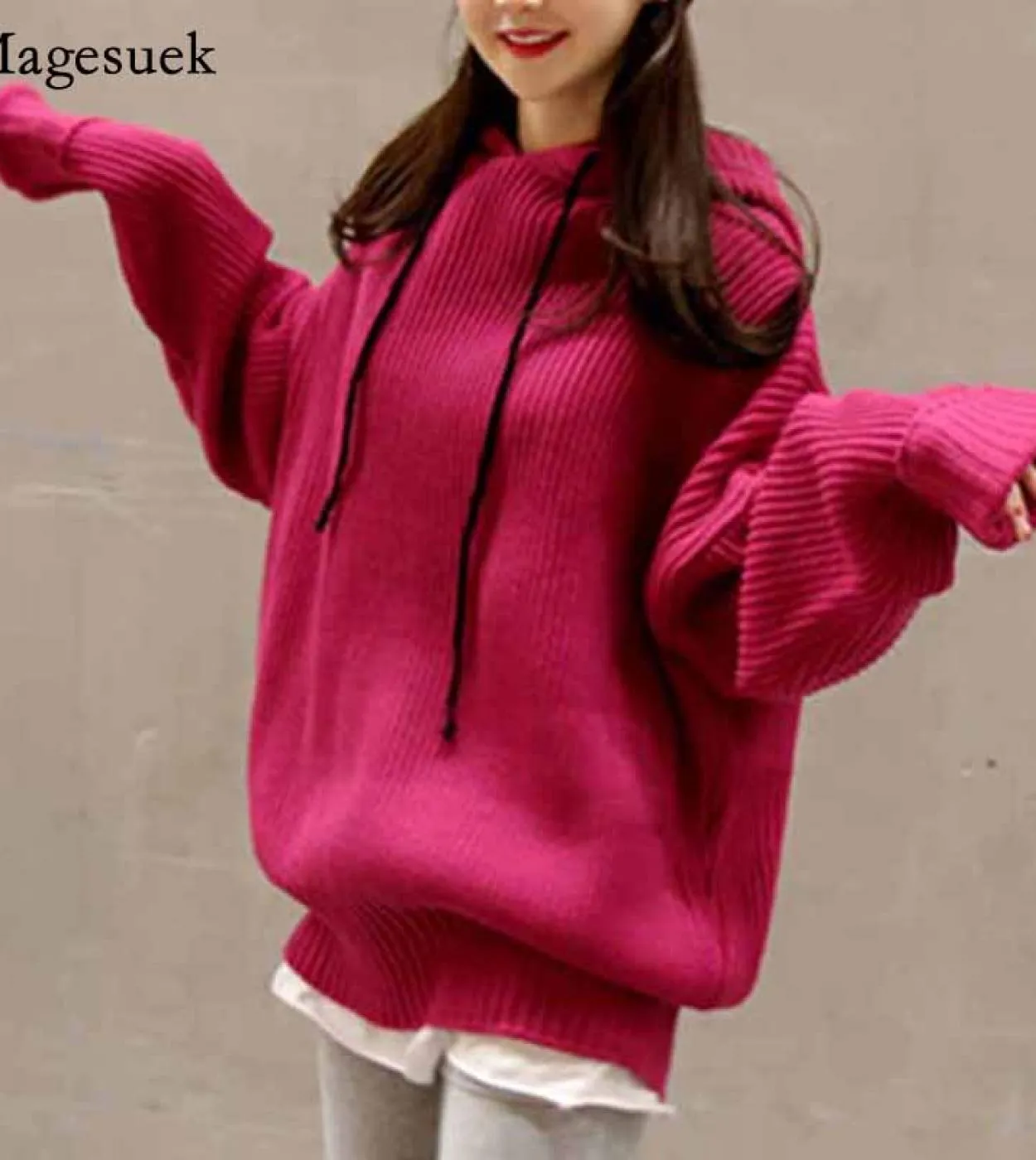 Felpa in lana lavorata a maglia larga con coulisse Felpa con cappuccio oversize casual Felpa con cappuccio Harajuku da donna ele