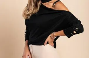 Maglietta elegante con scollo asimmetrico Mirabelle, nera