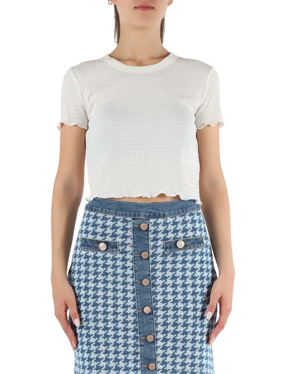 Top punto smock in tessuto stretch